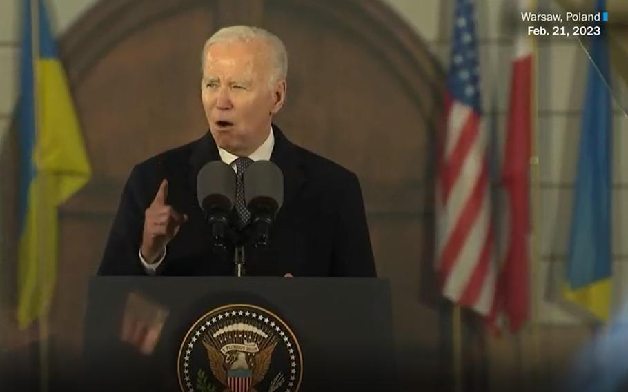 A screenshot of President Joe Biden giving a speech on Feb. 21, 2023 in Warsaw, Poland. While in Warsaw, President Biden spoke about his commitment to supporting Ukraine.