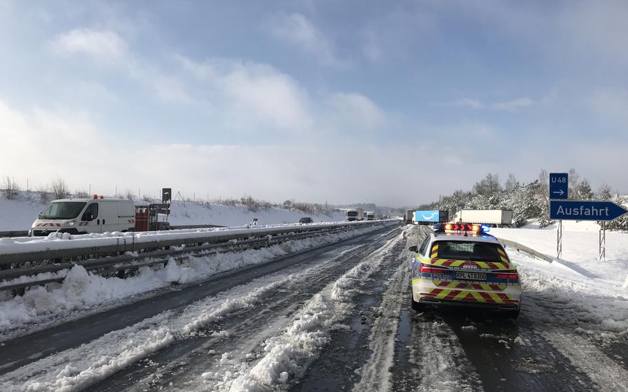 Highway A6 near Kaiserslautern, Germany, was slow going Saturday, April 9, 2022, after heavy snow hit the area. The A6, A62 and A63 were partly closed until late in the morning due to accident.