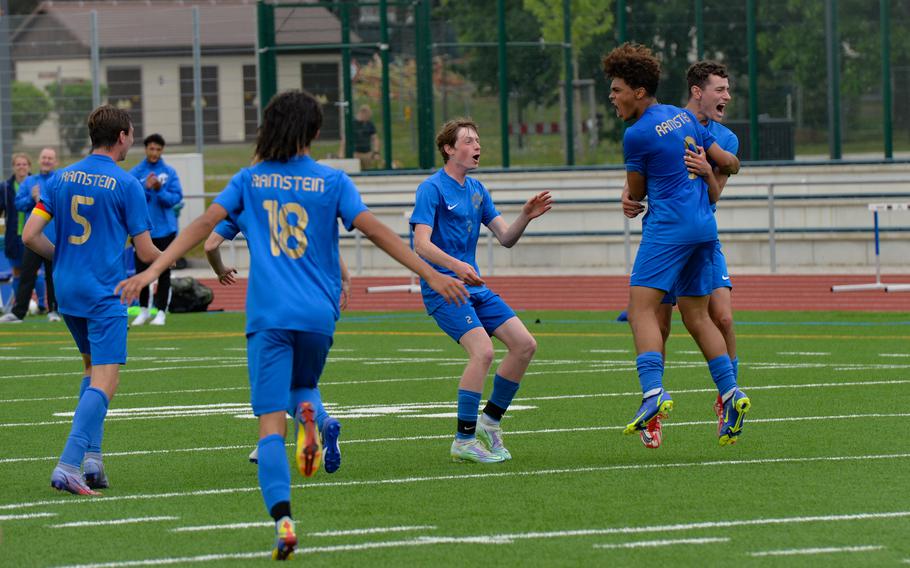 Ramstein Royals celebrate after they scored against Vilseck during the DODEA-Europe Soccer Championships at Ramstein Air Base, Germany, Monday, May 16, 2022. DODEA-Europe will crown new champions this year after the competition was canceled coronavirus pandemic in both 2020 and 2021.