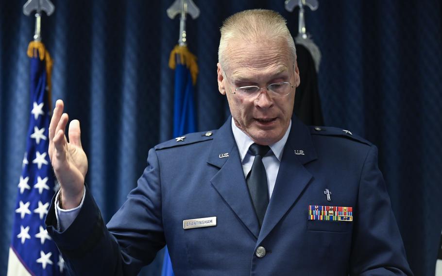 Air Force Brig. Gen. James Brantingham, the deputy chief of chaplains, gives an invocation at a March 2022 event at the Pentagon, Arlington, Va. Brantingham, who had been in the post for about a year, was removed at the end of January, service officials said.