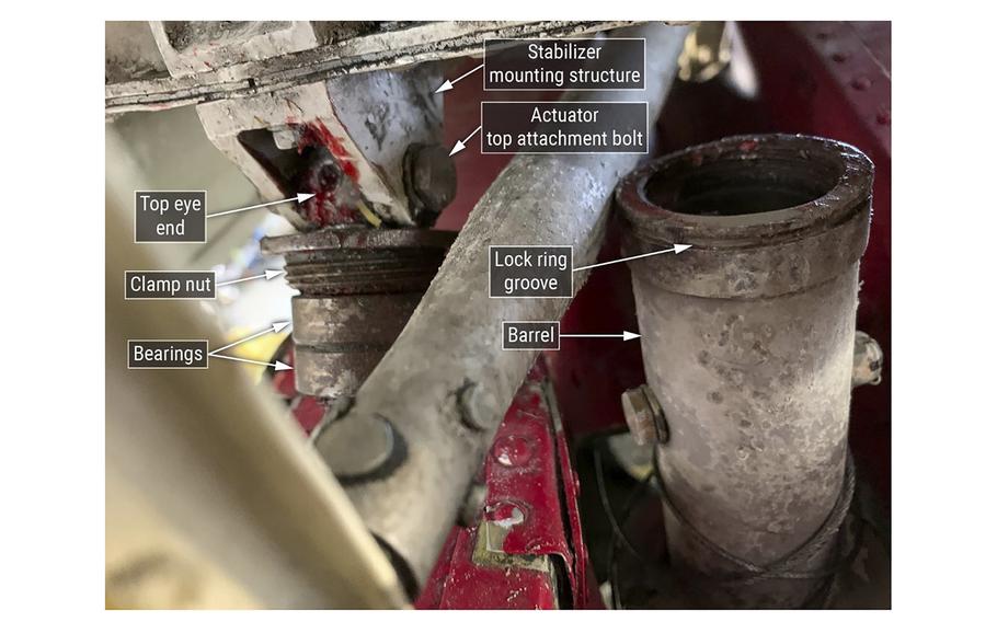 The actuator for the horizontal tail as retrieved from the September seaplane crash wreckage off Whidbey Island. The barrel of the actuator, right, connects to the flight controls. The actuator’s attachment to the tail, left, has a clamp nut that should fit inside the barrel. As shown, these two elements came apart, disconnecting the pilot controls from the tail.