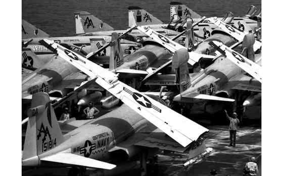 Mediterranean Sea, August, 1975: Precision parking was a priority on the tightly-packed flight deck of the USS Forrestal. After the planes zoomed in for a landing, they were fitted, like pieces of a jigsaw puzzle, into a tight pattern. The Forrestal had recently been redesignated as multi-purpose aircraft carrier CV 59 (from attack aircraft carrier CVA 59).

Looking for Stars and Stripes’ historic coverage? Subscribe to Stars and Stripes’ historic newspaper archive! We have digitized our 1948-1999 European and Pacific editions, as well as several of our WWII editions and made them available online through https://starsandstripes.newspaperarchive.com/

META TAGS: USS Forrestal; U.S. Navy; aircraft carrier; flight deck; Europe; 