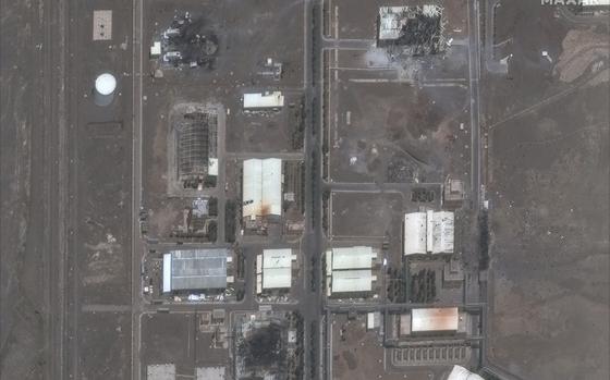 This satellite image provided by Maxar Technologies shows the Natanz nuclear enrichment facility, where multiple buildings were destroyed from recent Israeli airstrikes, 135 miles southeast of Tehran, Iran, Saturday, June 14, 2025. (Maxar Technologies via AP)