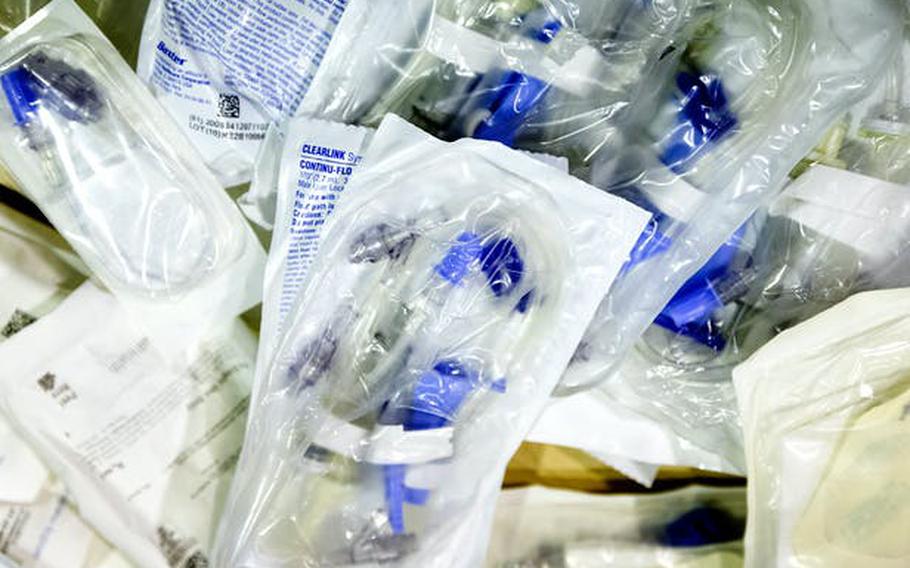 Bags of medical supplies at Ukrainian American Community Center in Minneapolis, Minnesota are shown in this undated photo. 