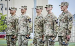 Soldiers from the 11th Engineer Battalion, 2nd Infantry Division Sustainment Brigade stand in formation during the Best Squad awards ceremony at Camp Humphreys, South Korea, May 6, 2024. The team took first place. 