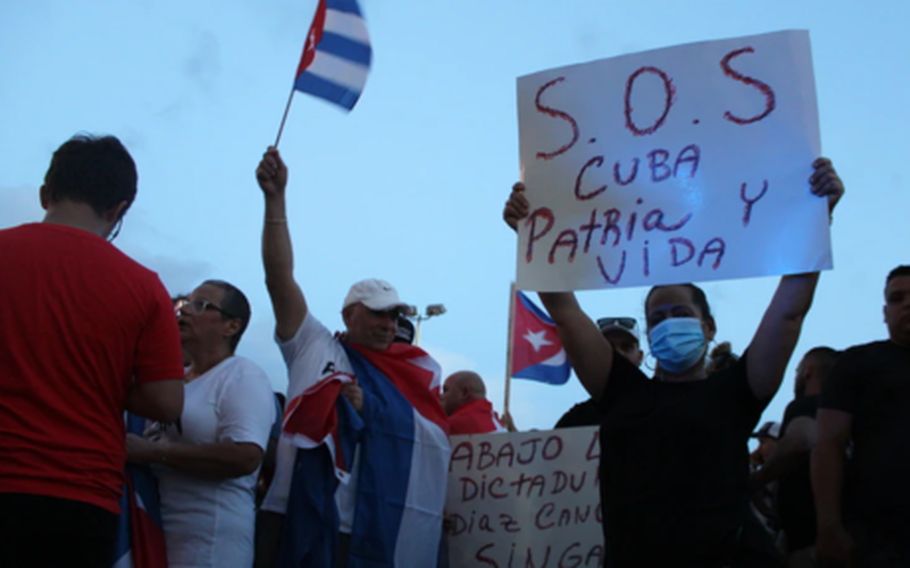 With signs calling for help for Cuba or asking for the end “of the dictatorship”, exiles of several generations demonstrated on 8th Street in Miami, Florida, in support of the protests that took place on Sunday, July 11, 2021. Protesters took to the streets of Cuba on Sunday in a rare outburst of social unrest as a fresh wave of blackouts exacerbated tensions on the cash-strapped island.