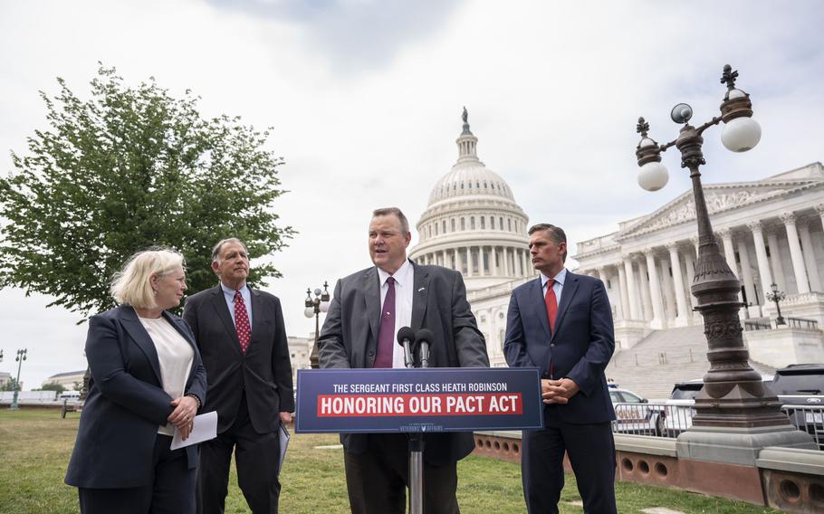 From left, Sens. Kirsten Gillibrand, D-N.Y., John Boozman, R-Ark., Jon Tester, D-Mont., and Martin Heinrich, D-N.M., at the press conference.