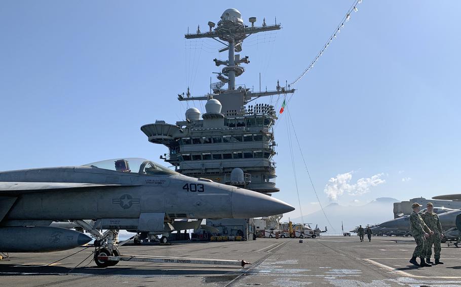 Aircraft are parked on the flight deck of the USS Harry S. Truman on May 11, 2022. No decision has yet been made on whether a Navy Super Hornet that was blown off the carrier’s deck two weeks ago in the Mediterranean Sea will be recovered.