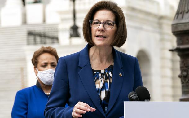 Sen. Catherine Cortez Masto, D-Nev., who is running for reelection, speaks about prescription drug prices during a news conference on April 26, 2022, on Capitol Hill in Washington.  Cortez Masto faces Republican challenger Adam Laxalt in the November election.