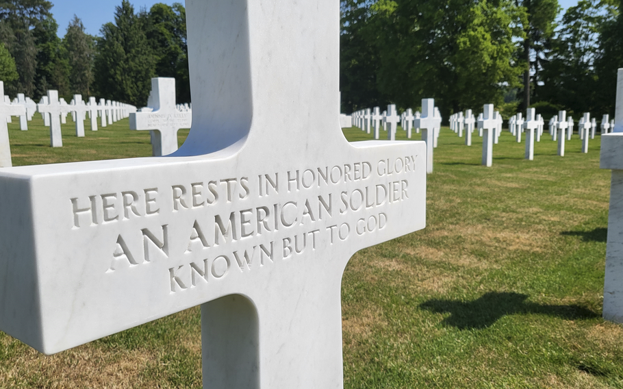 A headstone for an unknown World War I soldier at Oise-Aisne American Cemetery in Seringes-et-Nesles, France, is seen on Wednesday, June 7, 2023. It reads, “Here Rests In Honored Glory, American Soldier, Known But To God.”