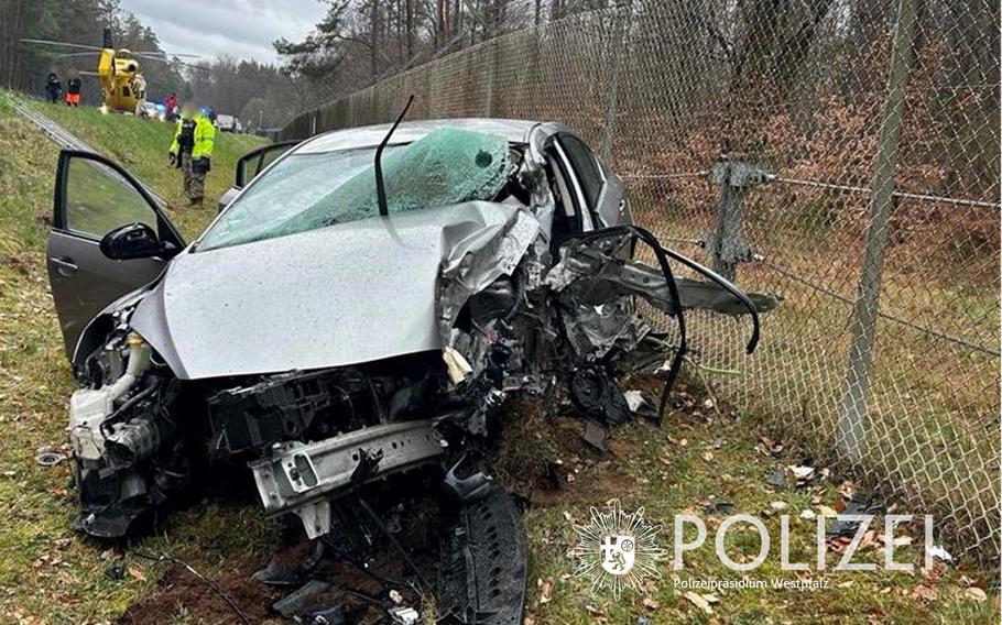 A 26-year-old woman suffered severe injuries in a head-on collision with a truck on District Road 25, near Kaiserslautern Einsiedlerhof. Her vehicle came to rest at the fenceline of a U.S. military installation. 