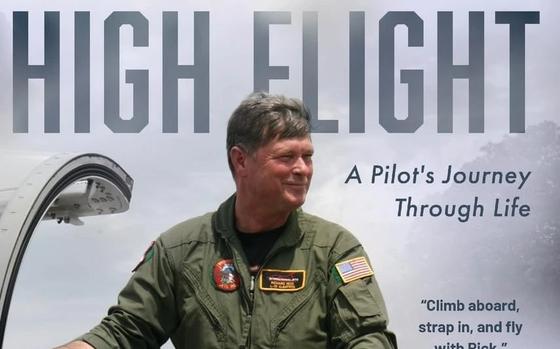 A book cover features the author wearing a flight suit and standing in front of a fighter jet.