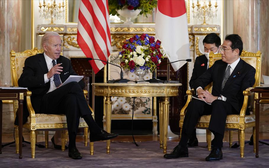 U.S. President Joe Biden, left, talks to Japanese Prime Minister Fumio Kishida during a bilateral meeting at Akasaka Palace, on May 23, 2022, in Tokyo.