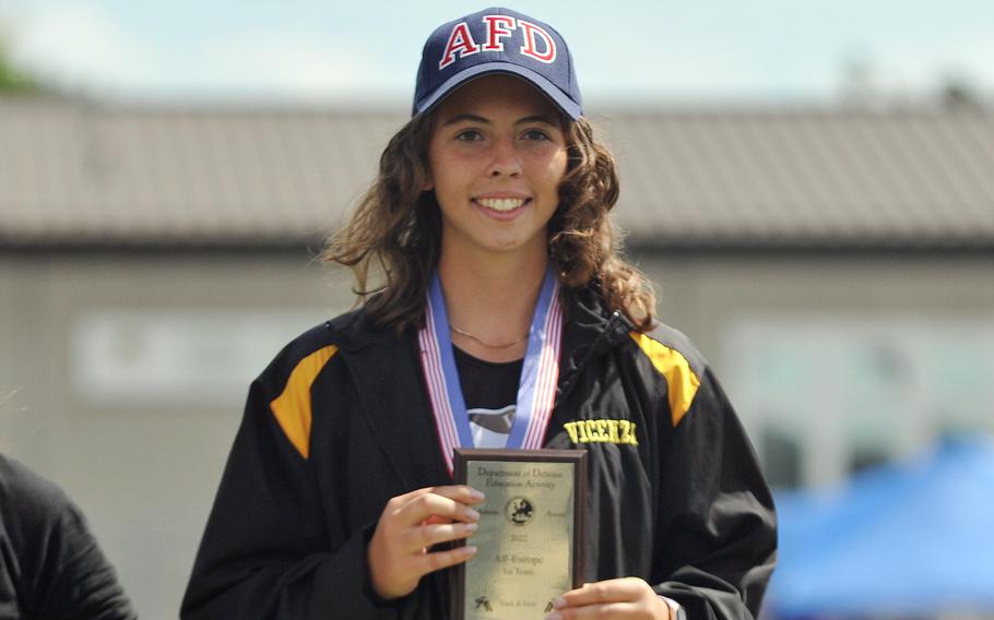 Vicenza’s Jewlya Arrington won the girls discus competition with a throw of 101 feet, 9 inches at the DODEA-Europe track and field championships in Kaiserslautern, Germany.