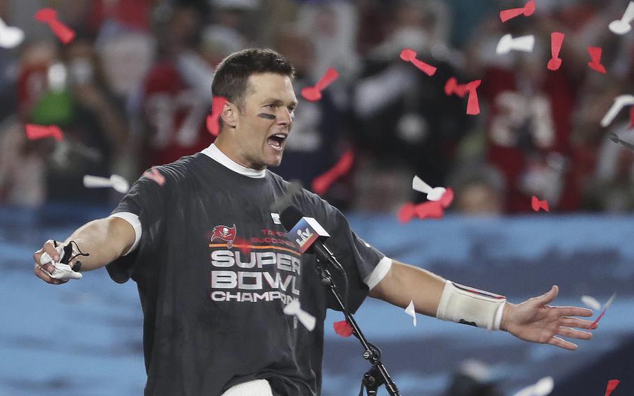 Tampa Bay Buccaneers quarterback Tom Brady celebrates after winning Super Bowl LV against the Kansas City Chiefs at Raymond James Stadium in Tampa, Florida, on Feb. 7, 2021. 