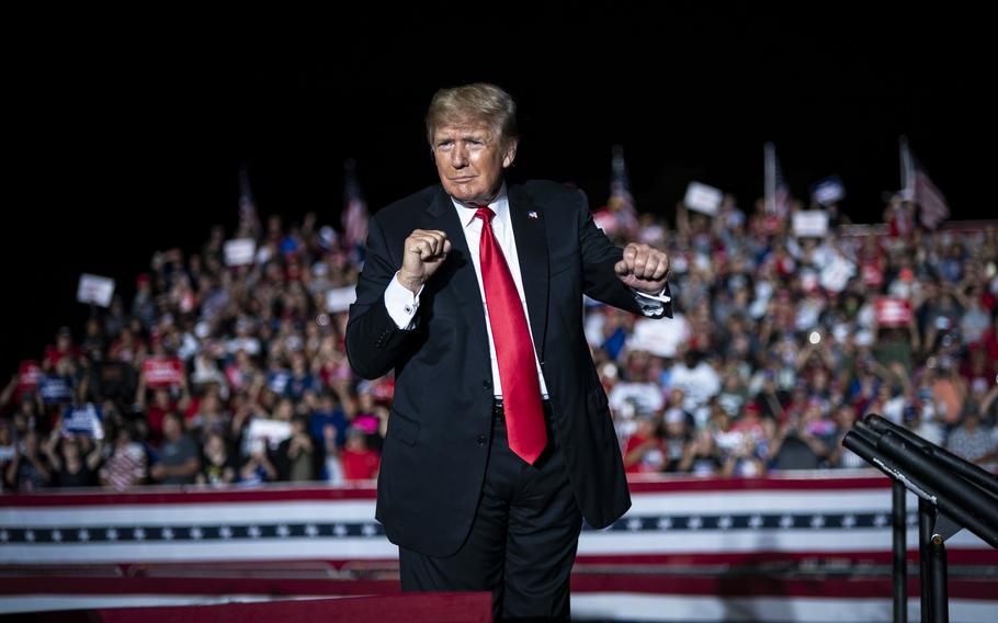 Former President Donald Trump departs after speaking to supporters during a rally at the Iowa State Fairgrounds on Saturday, Oct. 09, 2021, in Des Moines, Iowa.