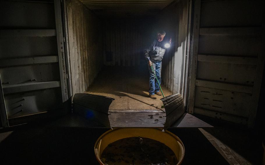 Colin Tink, inside his giant homemade mouse trap, pushes mice into a bath to drown them, near Dubbo, NSW, Australia, on May 26, 2021.