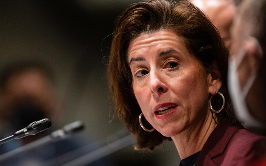 Gina Raimondo, U.S. commerce secretary, speaks during the U.S. Conference of Mayors winter meeting in Washington, D.C., on Jan. 20, 2022. 