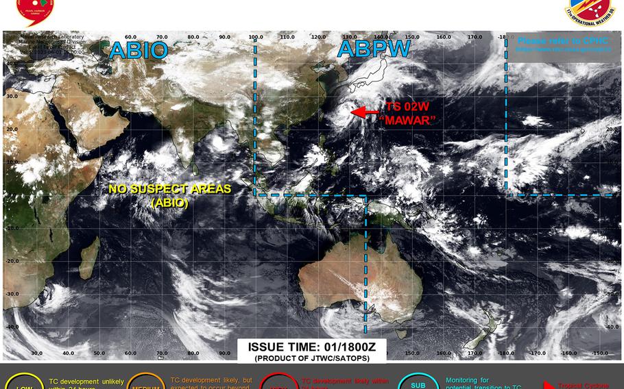 Mawar continues to weaken and picks up forward speed as it heads away from Okinawa toward open waters in the northwest Pacific.