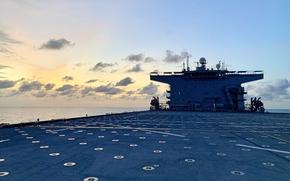 USS Hershel "Woody" Williams transits the Gulf of Guinea on May 2, 2024. The expeditionary sea base includes a roughly 52,000-square-foot flight deck capable of accommodating up to four Chinook helicopters.