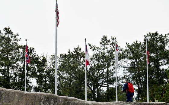 April 20, 2021 Stone Mountain - The four Confederate flags  fly at the base of Stone MountainÕs popular walk-up trail on Tuesday, April 20, 2021. (Hyosub Shin / Hyosub.Shin@ajc.com)
