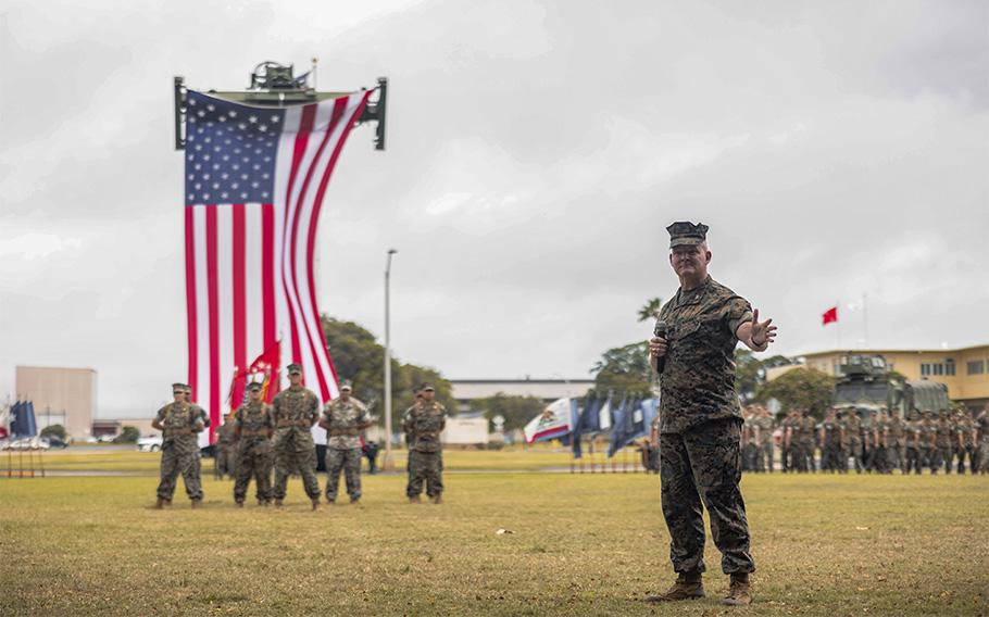 Col. John Lehane, speaks during a change of command ceremony at Marine Corps Base Hawaii, on June 15, 2023, as he took command of the 3d Marine Littoral Regiment, 3d Marine Division.