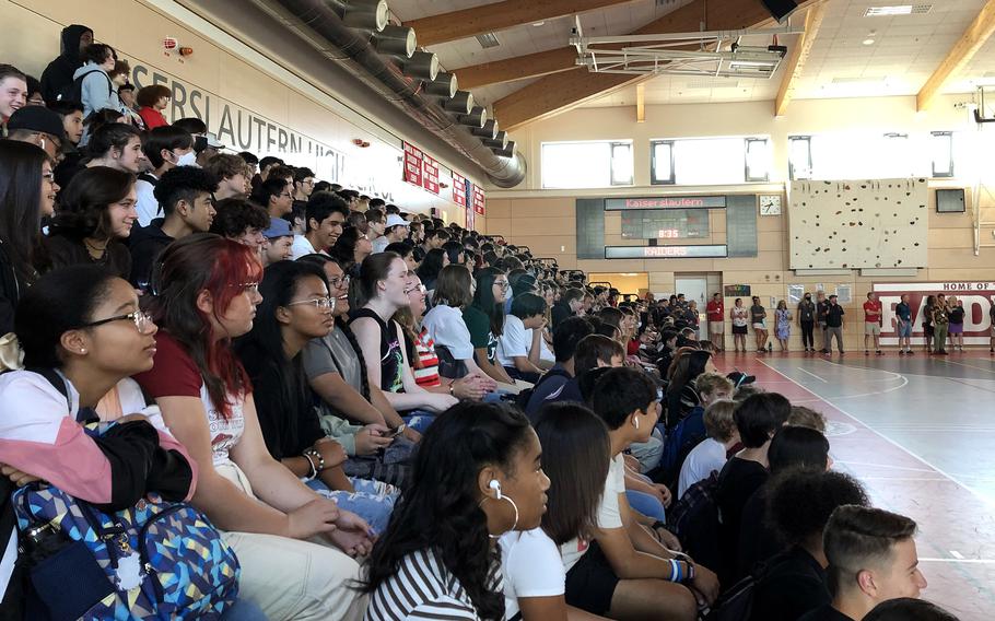 Students fill the gym at Kaiserslautern High School on the first day back to school in Kaiserslautern, Germany, on Aug. 22, 2022.
