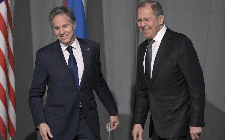 US Secretary of State Antony Blinken, left, and Russian Foreign Minister Sergey Lavrov meet on the sidelines of an Organization for Security and Co-operation in Europe (OSCE) meeting, in Stockholm, Sweden, Thursday, Dec. 2, 2021. 