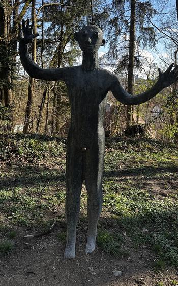  The 1963 sculpture “Neuer Adam,” or “New Adam,” is one of the most humanlike of all 17 sculptures in the Heinrich Kirchner garden in Erlangen, Germany, showing defined legs and arms.