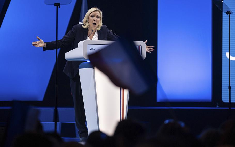 Marine Le Pen at a rally in Perpignan, France, on April 7, 2022.