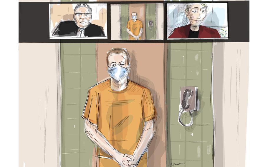 An artist's sketch depicts Nathaniel Veltman as he makes a virtual appearance in court, Thursday, June 10, 2021, in London, Ontario, as Justice of the Peace Robert Seneshen, top left, and lawyer Alayna Jay look on. Veltman, accused of deliberately running over and killing four members of a Muslim family in London, Ontario, had his case adjourned to next week.
