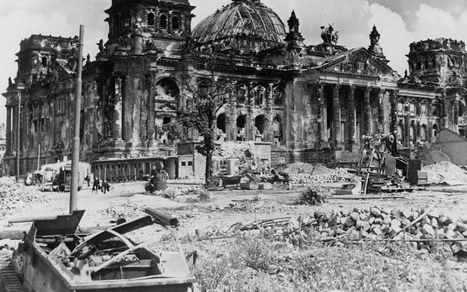 The burned-out ruins of the German Reichstag in Berlin in this photo from August 1945.