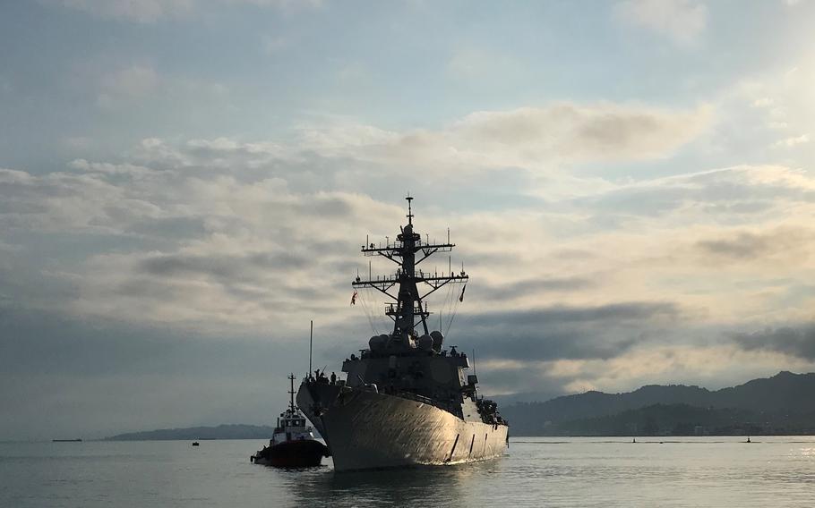 The destroyer USS Porter arrives at the Black Sea port in Batumi, Georgia, in 2020. The leader of the breakaway Georgian region of Abkhazia told a Russian newspaper this week that the Kremlin signed a deal to set up a naval base on the region's Black Sea coast.