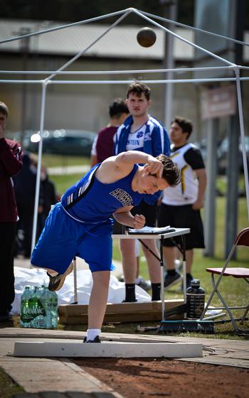 Cayden Baker from Brussels competes in the shot put during the Kaiserslautern Track and Field Invitational on Saturday, April 16, 2022, in Kaiserslautern, Germany. 