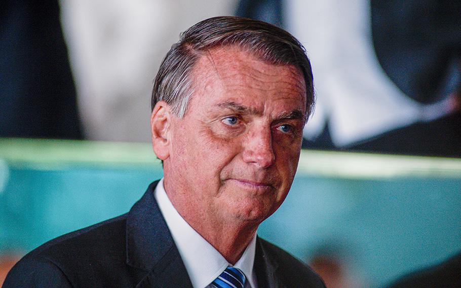 Then-President Jair Bolsonaro of Brazil looks on after a press conference two days after the presidential runoff at Alvorada Palace on Nov. 1, 2022, in Brasilia, Brazil. 