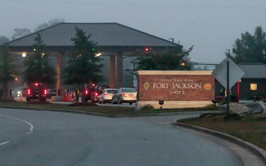 The main gate at Fort Jackson. Gates at the Army instillation will close sometime during a joint training operation May 18, 2022, and will remain closed for hours.