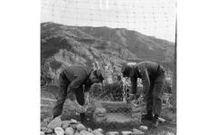 TV Hill, South Korea, December 1958. Hilltop home of PFC Teddy Arnold (left) and SP/5 John Copas gets an added touch - a barbecue pit. It's somewhat out of season now, but summer isn't too far off. The two men live atop TV Hill and are responsible for supplying the television signal for Camp Casey and Camp Hovey. META TAGS: Armed Forces Korea Network; American Forces Network; AFN;  U.S. Army; military life; BBQ; grilling