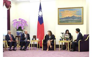 From left, Mark Alford, a member of the House Armed Services Committee, U.S. Democratic Congressman Dan Kildee, and Lisa McClain, secretary-general of the Republican Caucus of the U.S. House of Representatives meet with Taiwan President-elect and Vice President Lai Ching-te in Taipei, Taiwan on Tuesday, April 23, 2024. 