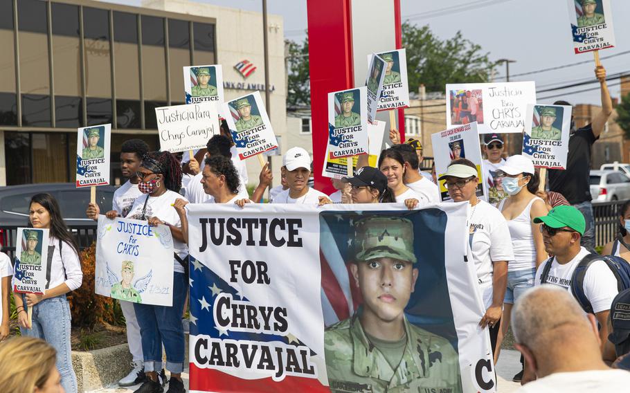 Community members and the family of Chrys Carvajal, the 19-year old National Guard member killed over the July Fourth weekend, rally for peace in the Belmont-Cragin neighborhood of Chicago on Saturday, July 24, 2021.