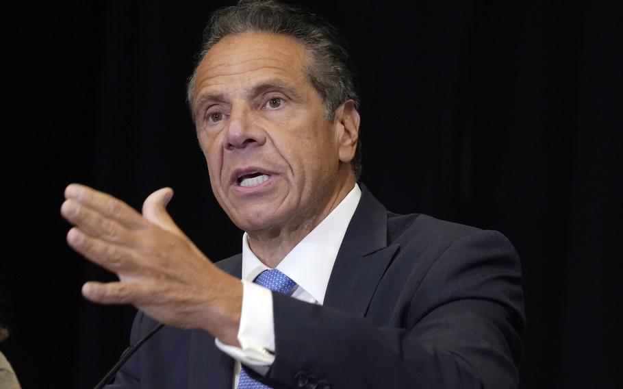 FILE - New York Gov. Andrew Cuomo speaks during a news conference at New York's Yankee Stadium, Monday, July 26, 2021.