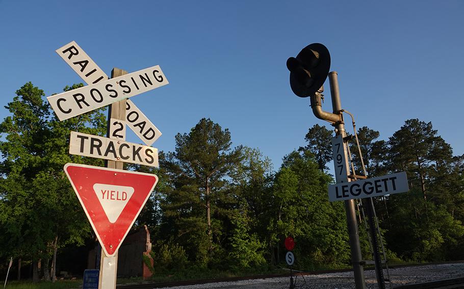 The Glover Road rail crossing in Leggett, Tex., on April 19, 2023. 