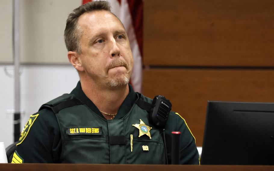 Broward Sheriff’s Office Sgt. Richard Van Der Eems describes the scene he encountered at the school after the mass shooting as he testifies during the penalty phase trial of Marjory Stoneman Douglas High School shooter Nikolas Cruz, Friday, July 22, 2022, at the Broward County Courthouse in Fort Lauderdale, Fla.