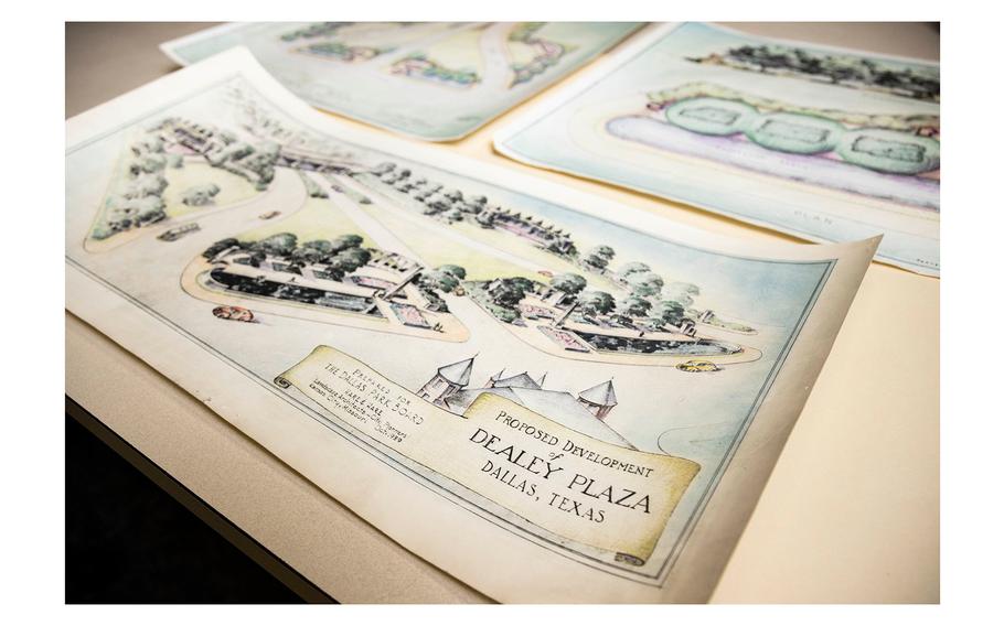 Drawings for the proposed development of Dealey Plaza, from October 1939 and prepared for the Dallas Park Board, are among the items in the permanent collection of the Dallas Municipal Archives. 