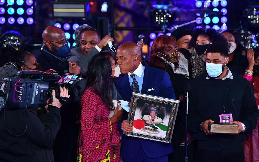 New York City Mayor Eric Adams is sworn in after the ball dropped in Times Square in Manhattan, New York on Jan. 1, 2022.