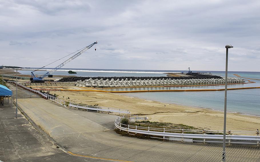 Landfill work for the construction of a Marine Corps runway at Camp Schwab, Okinawa, is seen in January 2020.