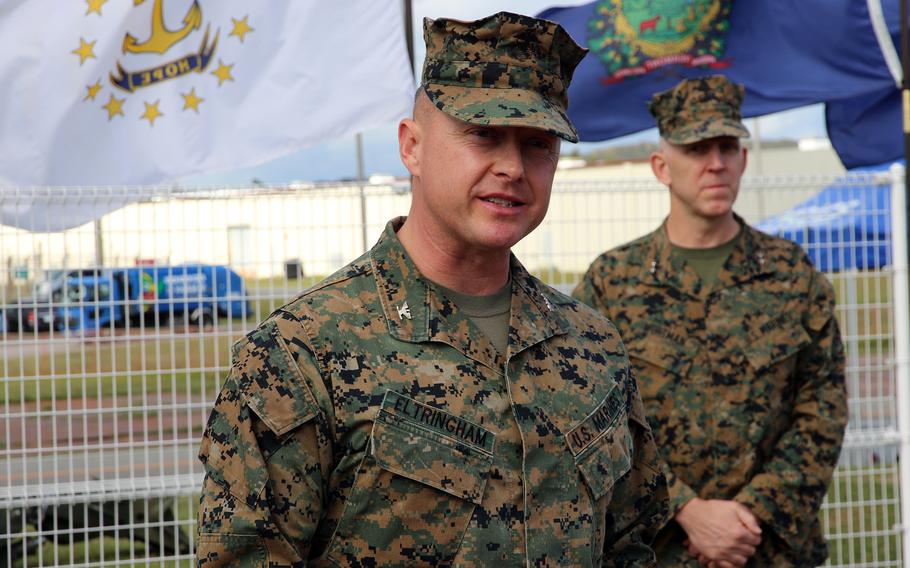 Col. Peter Eltringham, commander of the new 12th Marine Littoral Regiment, speaks to reporters following a redesignation ceremony launching the regiment at Camp Hansen, Okinawa, Wednesday, Nov. 15, 2023.