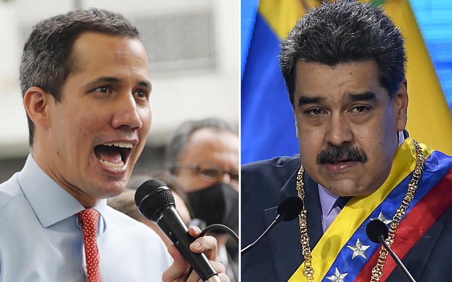 Juan Guaido, the leader of Venezuela’s National Assembly who says he is also the country’s interim president, gives a press conference in Caracas, Venezuela on Dec. 7, 2020, left, and Venezuelan President Nicolas Maduro speaks in Caracas, Venezuela on Jan. 22, 2021. Guaidó won a U.K. court ruling Friday, July 29, 2022 that takes him a step closer to victory in his battle with Maduro over a cache of gold bullion held in the Bank of England.