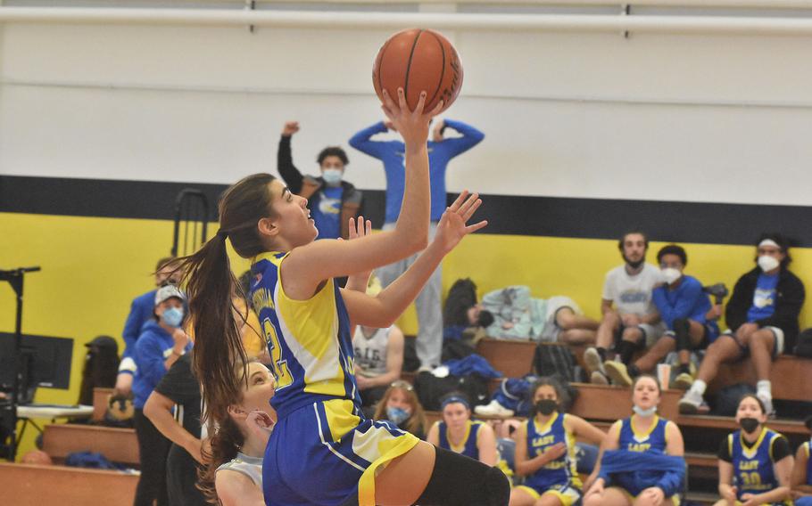 Sigonella’s Fabiola Mercado-Rodriguez goes up for a basket Friday, March 4, 2022, at the DODEA-Europe Division II basketball championships. The Jaguars are back to Division III this season for the championships and could be considered a favorite.