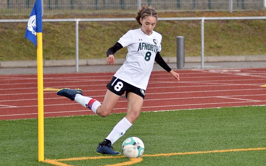 AFNORTH midfielder Rowan Moreno hits a short corner during a match against Black Forest Academy on April 20, 2024, at Ramstein High School on Ramstein Air Base, Germany.