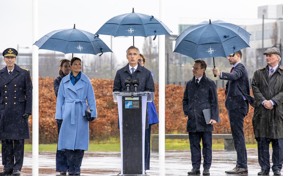 NATO Secretary-General Jens Stoltenberg gives remarks March 11, 2024, in Brussels, during a ceremony celebrating the accession of Sweden into the defense alliance. NATO’s annual report released Thursday showed a large majority expected their countries to be defended if attacked, but smaller numbers expected their countries to defend others under the same circumstances. 